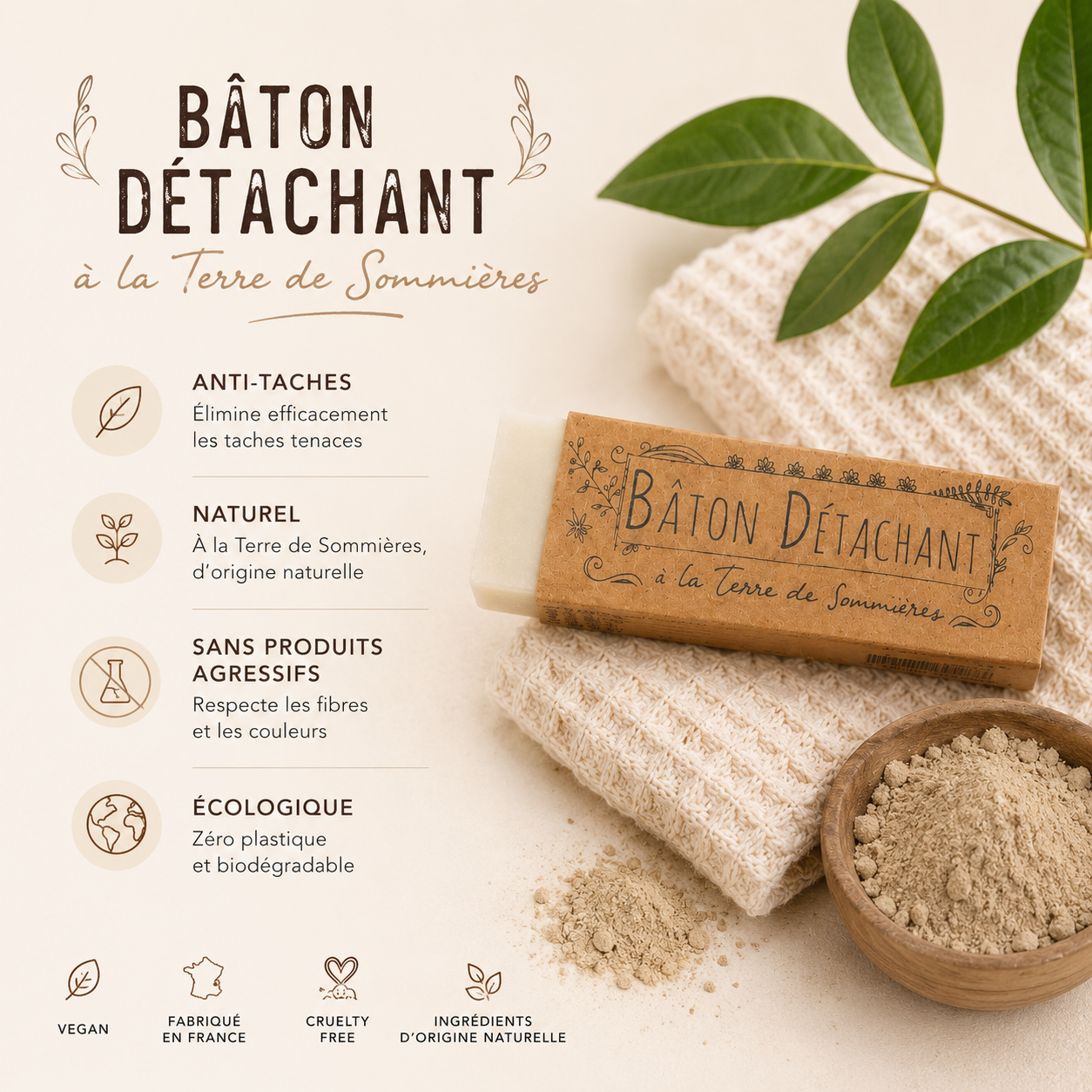 Savon détachant écologique avec packaging kraft et décor zéro déchet