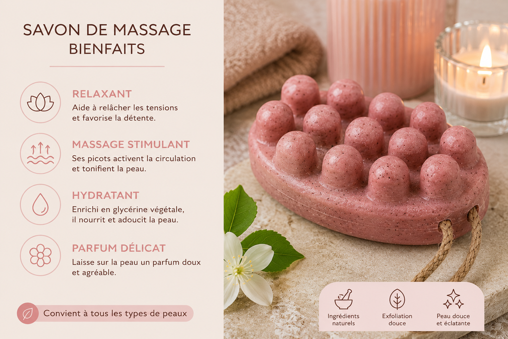 Savon de massage hammam rose avec infographie bienfaits et ambiance spa