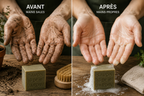 Savon du jardinier pour mains abîmées avec présentation haut de gamme avant apres