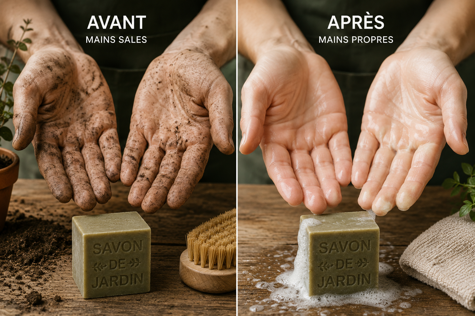 Savon du jardinier pour mains abîmées avec présentation haut de gamme avant apres