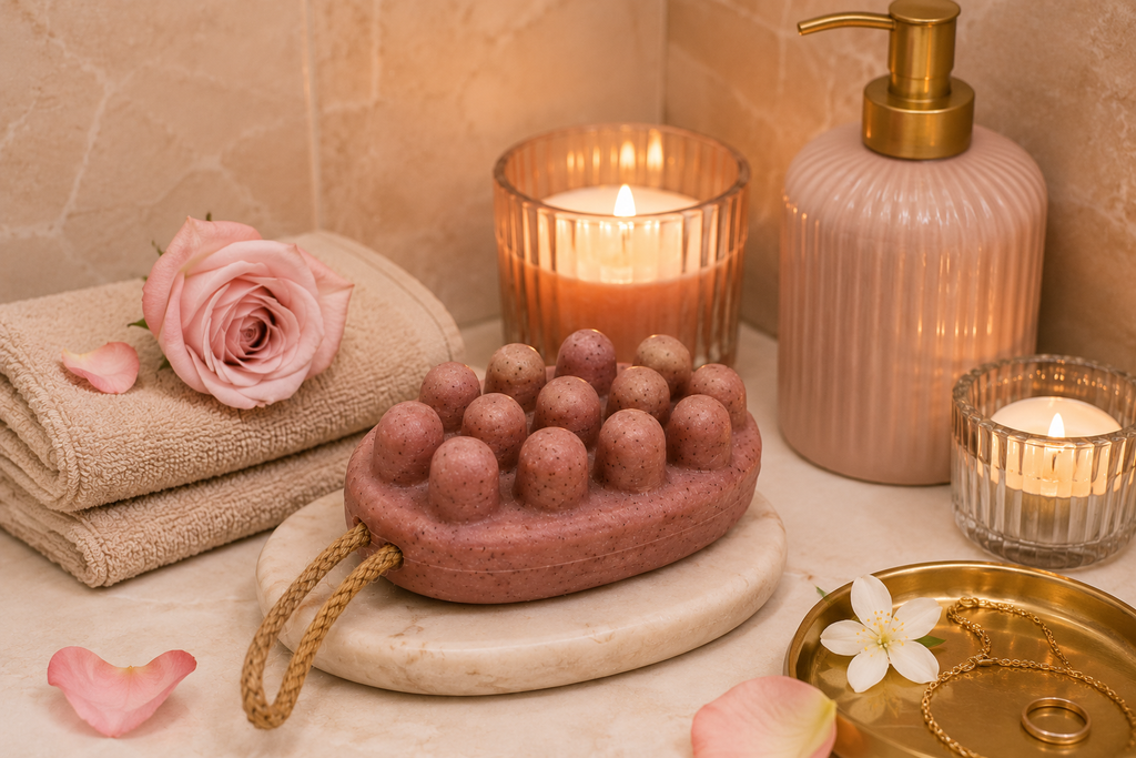 Savon exfoliant hydratant avec présentation premium style Pinterest
