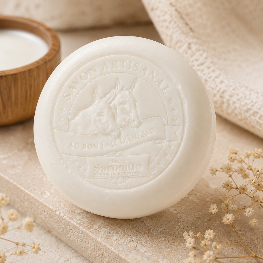 Savon naturel français avec texture douce et présentation haut de gamme
