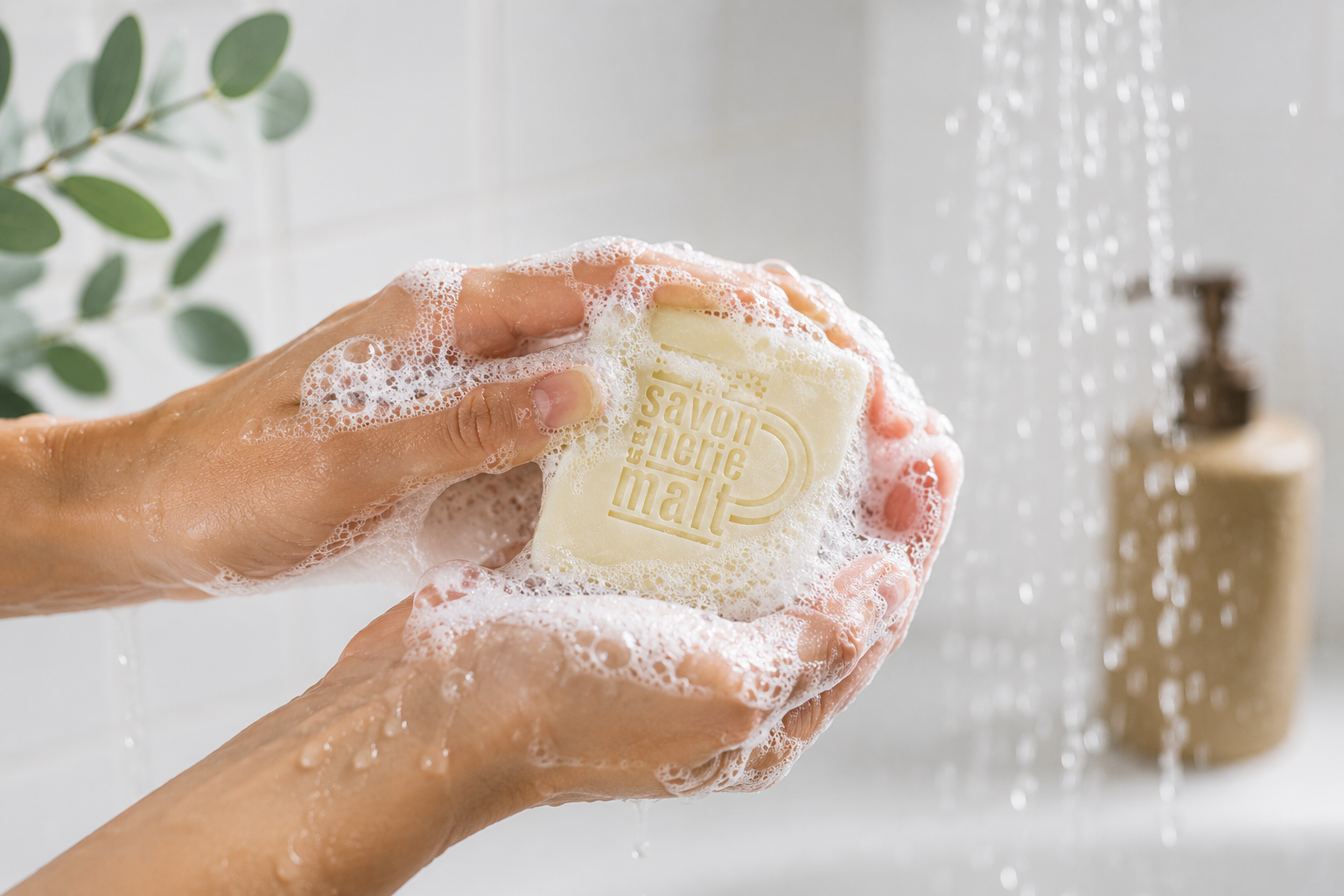 Savon senteur fraîche avec gouttes d’eau et ambiance spa minimaliste