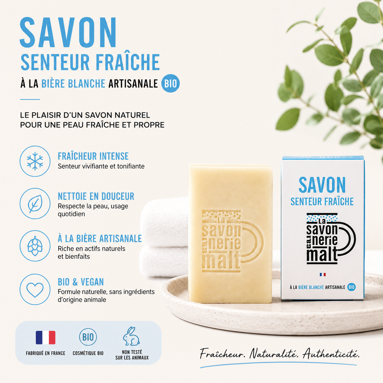 Savon solide vegan avec design minimaliste et atmosphère fraîche