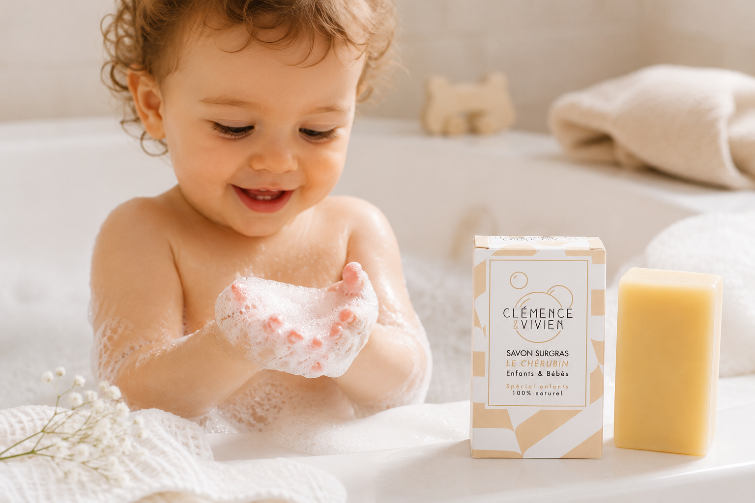 Savon surgras nourrissant pour enfants avec design doux et ambiance cocooning
