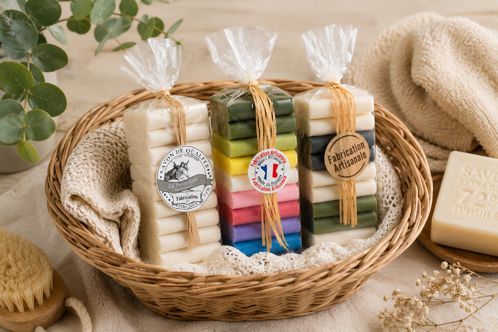 Savons naturels premium avec serviettes blanches et lumière chaleureuse