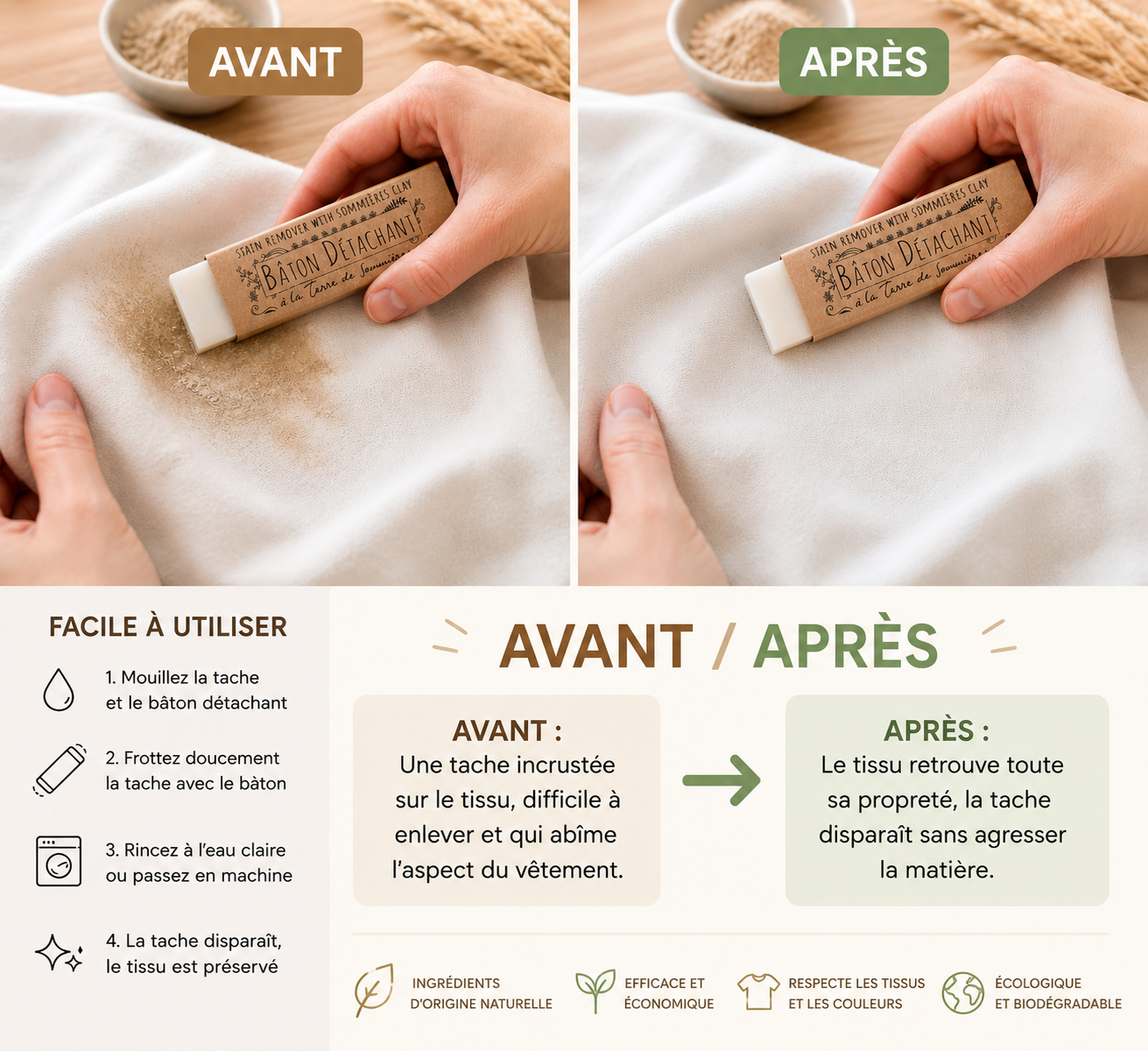 resultat avant apres baton detachant naturel terre de sommieres sur tache vetement