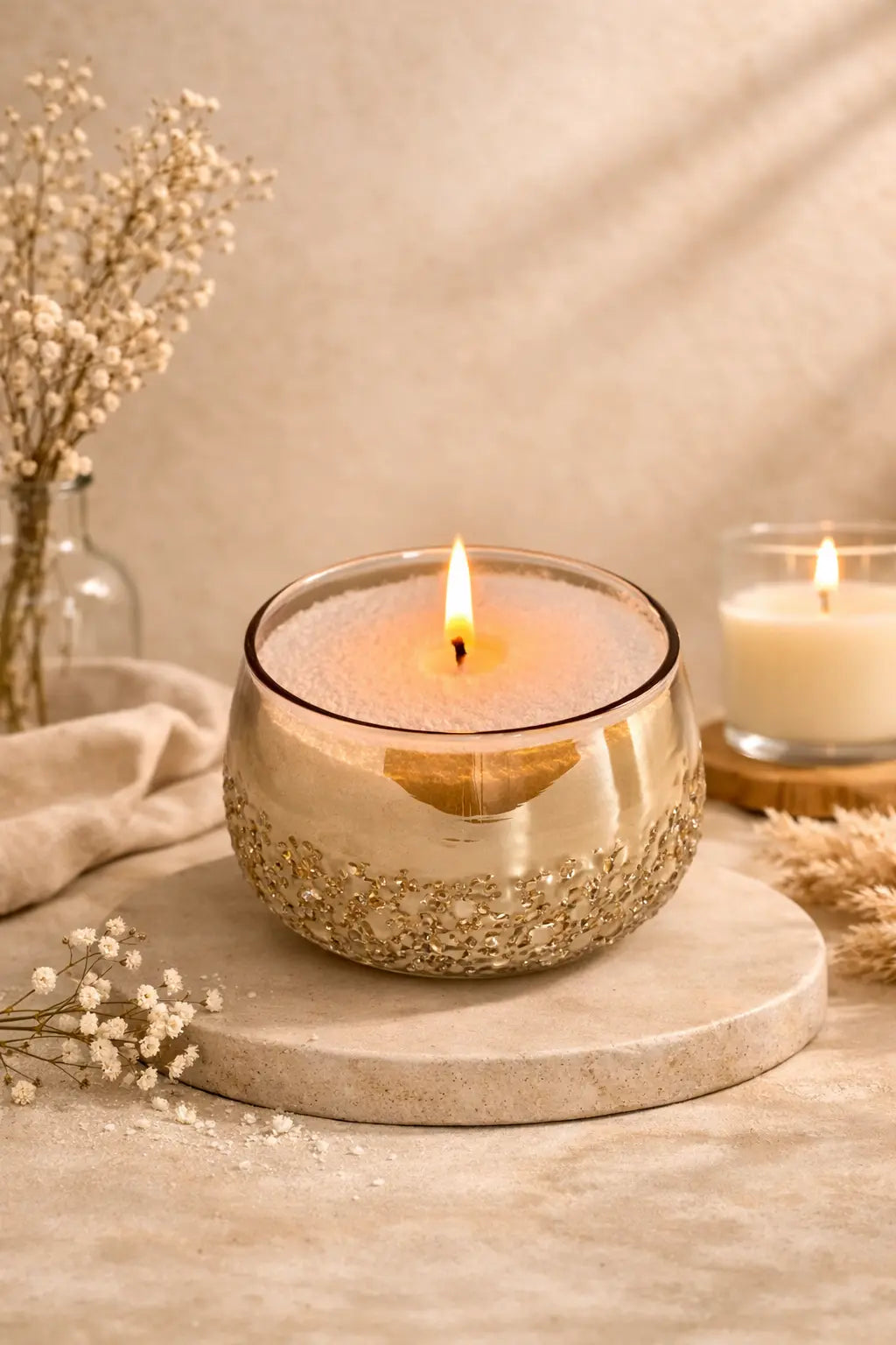 bougie perlée allumee dans un verre ambiance cosy naturelle