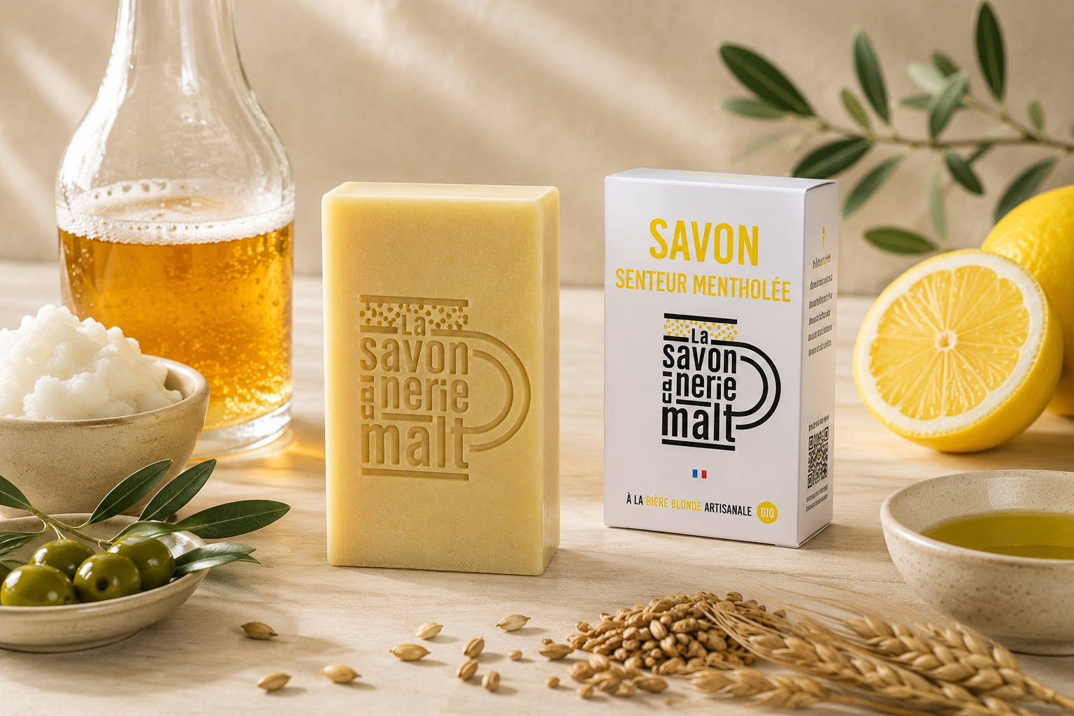 Savon Mentholée a la bière blonde artisanale Bio.