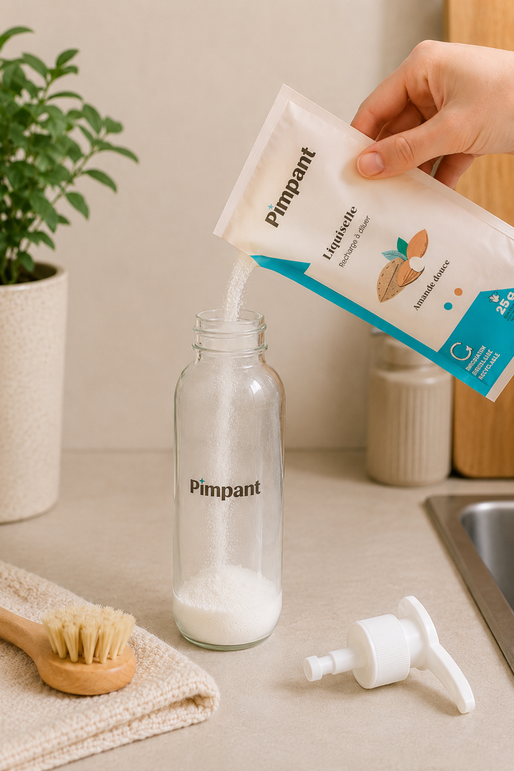 Recharge Pimpant en poudre versée dans un flacon réutilisable pour liquide vaisselle