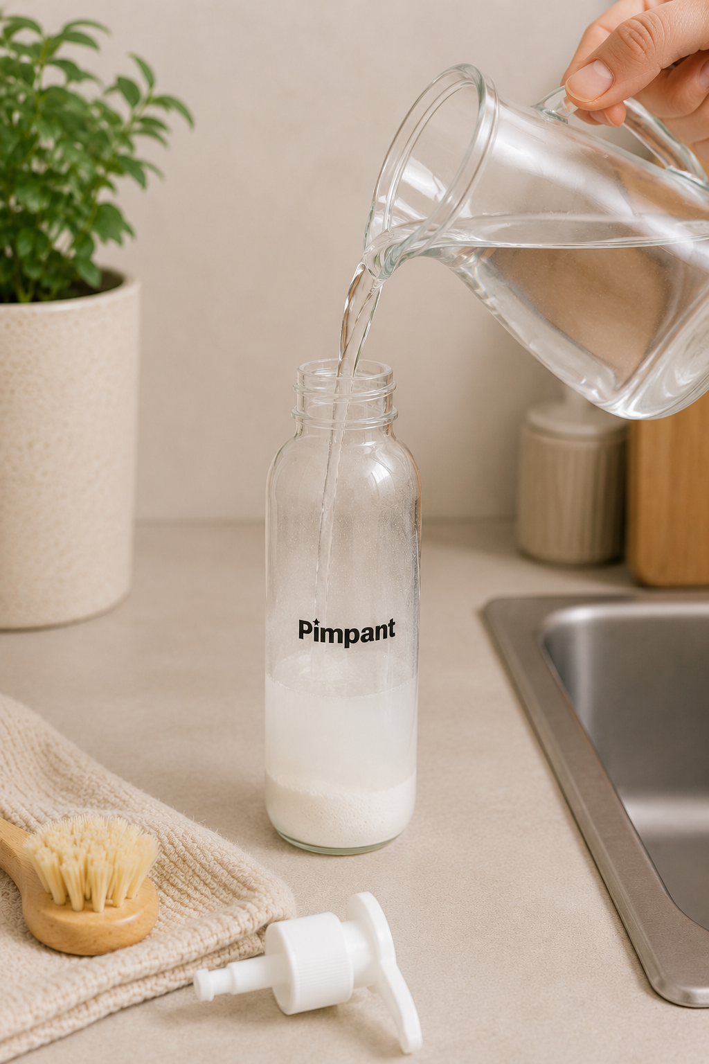 Préparation du liquide vaisselle rechargeable Pimpant avec ajout d’eau dans le flacon